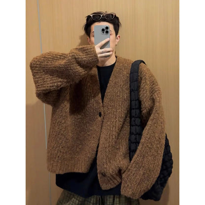 Fashion Autumn Winter Retro Loose Heavy-Weight Mixed-Color Short Wide Thick Thread Knitted Sweaters Cardigans Warm Jackets Men's