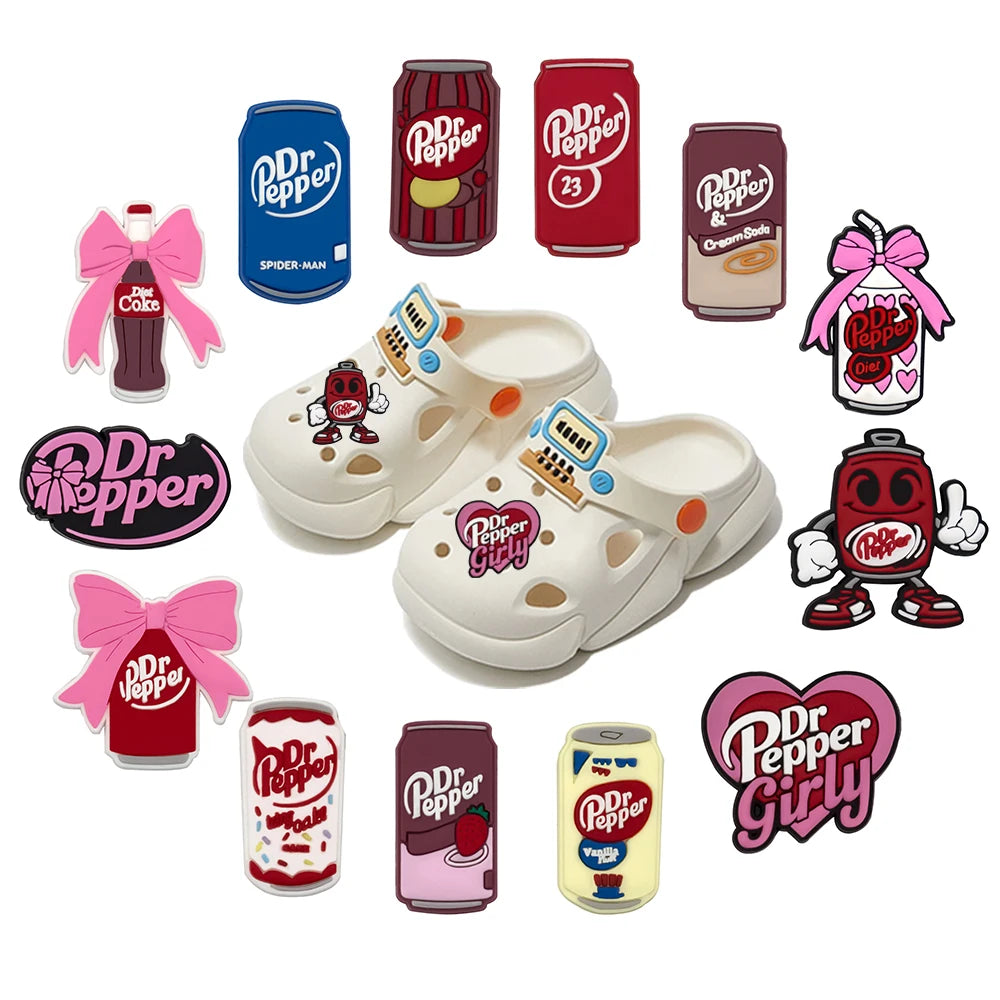 13-100PCS Dr Pepper Soda Bottle Drink Shoe Charms For Bubble Slides Clogs Sandals,PVC Shoe Decorations Accessories Buckle