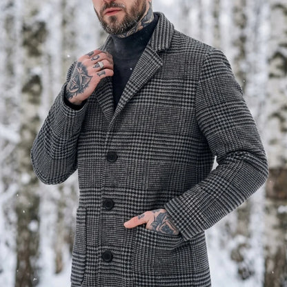 New Winter Men's Trench Coat with Houndstooth Pattern Thickened Lining Windproof Design | Business-Ready Warm Outerwear for Men