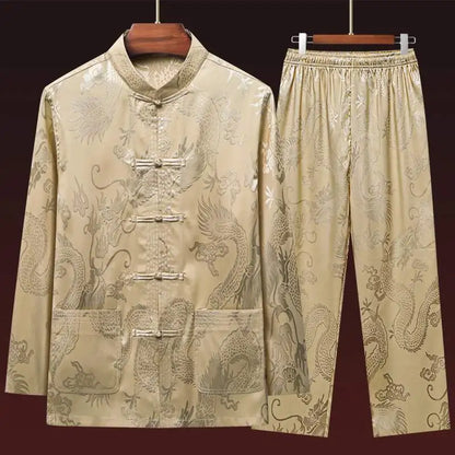 Men's Long Sleeve Ice Silk Tai Chi Suit Traditional Chinese Hanfu Vintage Style Tang Costume Elderly Fashion Dad's Clothing