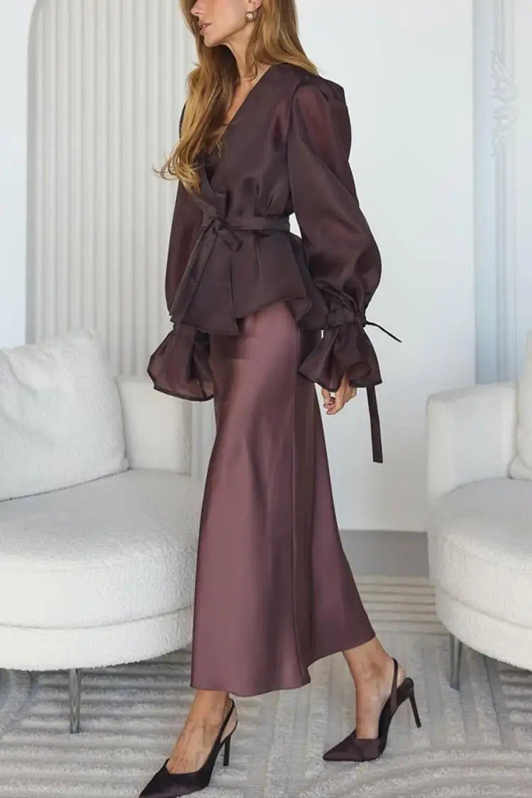 Elegant Shirt Style Satin Dress Women's High Waist Belted Long Sleeve Fashion Set High Quality Chinese Brand Summer Outfit