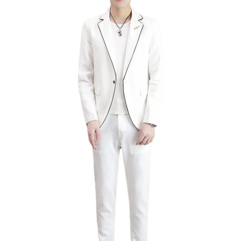 Spring 2025 Men's Slim-fit Korean Style Fashion Suit Set Youthful Handsome Two-piece Polyester Suits for Men