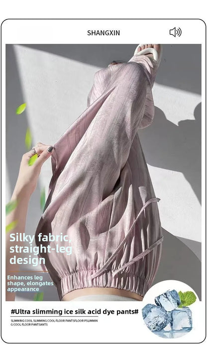 Summer Thin Ice Silk Satin Dyed Wide Leg Pants Women Loose Casual Drape High Waist Slimming Pants Ins Straight Leg Elastic Wa...