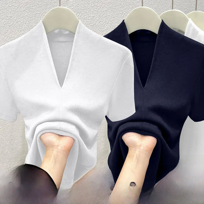 Premium Quality Short Sleeve V-Neck T-Shirt Women's Fashion Shoulder Design Versatile Base Shirt Summer Wear Comfortable Fit