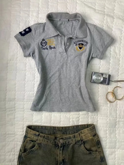 Retro American Grey  Collar Short Sleeve Slim Fit Waist Cinched T-Shirt Women Summer New Style Vintage Vintage Vintage