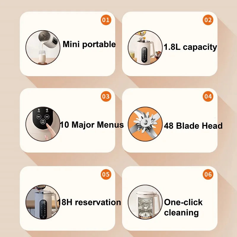 1800ml Soy Milk Machine 18h Appointment Filter-free Wall Breaking Machine Mixer Portable Electric Juicer Cup Multifunctional