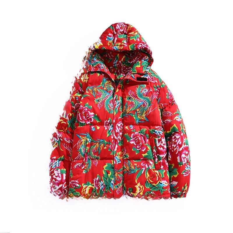 Thickened Long over Knee Hooded Fleece Lined Northeast Big Flower Coat Men's Cotton Jacket Youth Fashion Sport Scene Casual Coat
