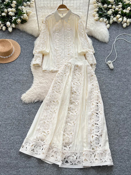 Elegant Lace Hollow out Long Sleeve Shirt And High Waist Half Skirt Two Piece Set for Women Fashionable And Stylish Ensemble