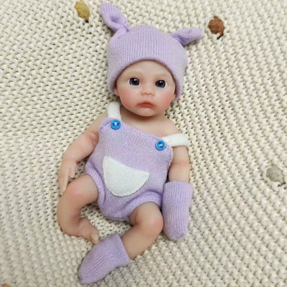 6 Inch/15 cm Mini Silicone Reborn Girl Doll, Washable, Hand Painted Vivid Skin, Purple Outfit, Bebe Reborn De Silicona