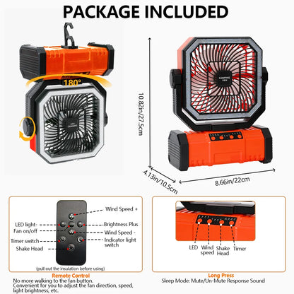 Outdoor Camping Fan 20000mAh Rechargeable Fan  with LED Lantern & Remote for Fishing Travel, 4 Speeds 8H Timer, Hanging Hook