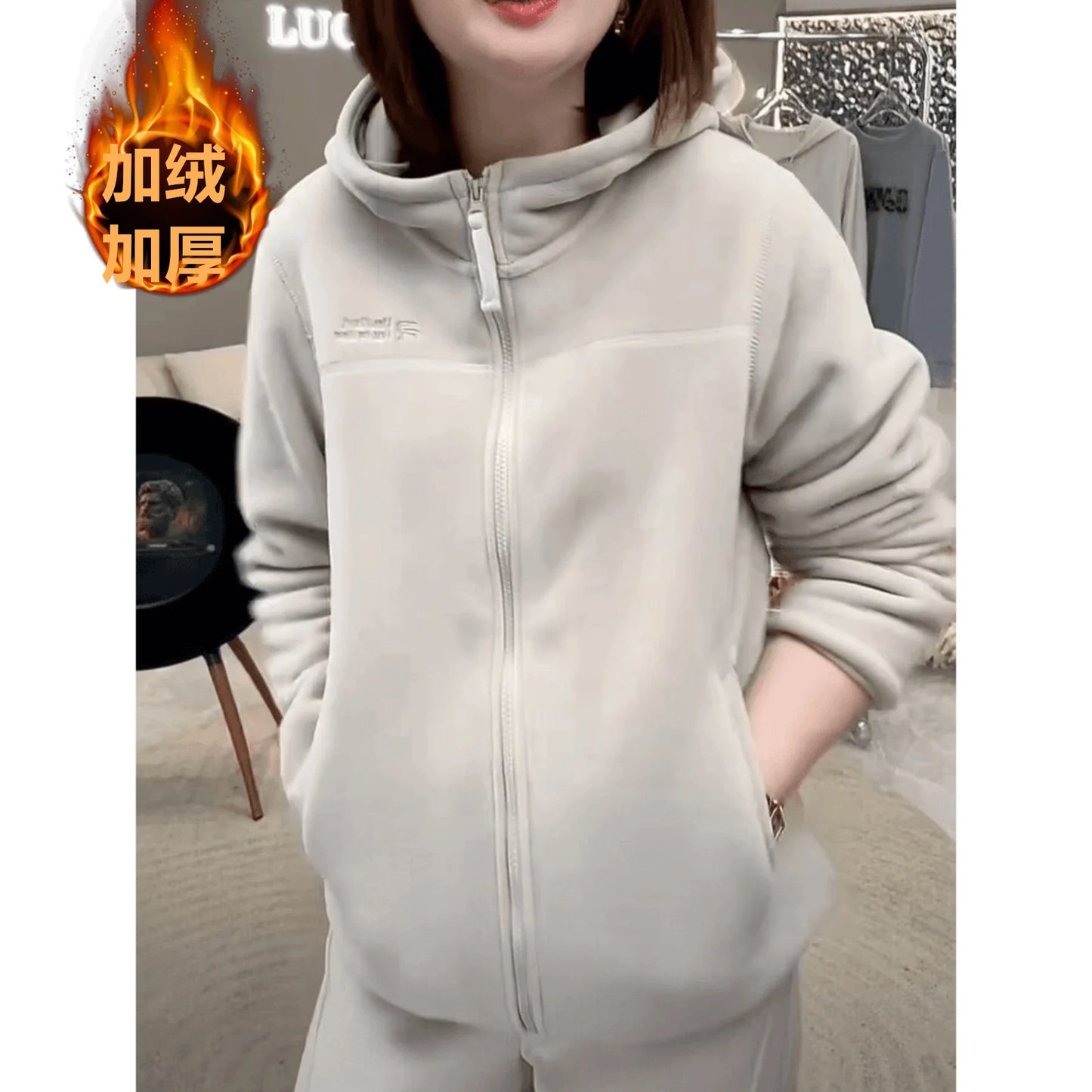 Autumn Winter Thickened Fleece Hoodie Jacket Women's Casual Slimming Versatile Long Sleeve Zipper Closure  Color Sweatshirt
