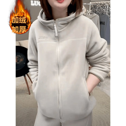Autumn Winter Thickened Fleece Hoodie Jacket Women's Casual Slimming Versatile Long Sleeve Zipper Closure  Color Sweatshirt