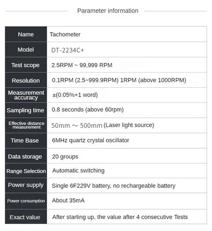 Dt2234C + Digital Laser Tachometer Rpm Meter Non-Contact 2.5RPM-99999RPM Lcd Display Speed Meter Dt2234C Tester Speed