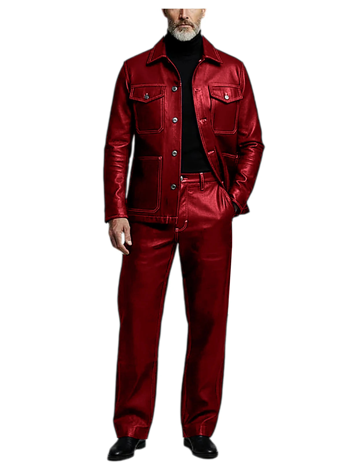 Men's 2 Piece PU Leather Suit Set Multi Pocket Shirt Collar Trucker Jacket Straight Leg Pants Business Casual Streetwear Outfits