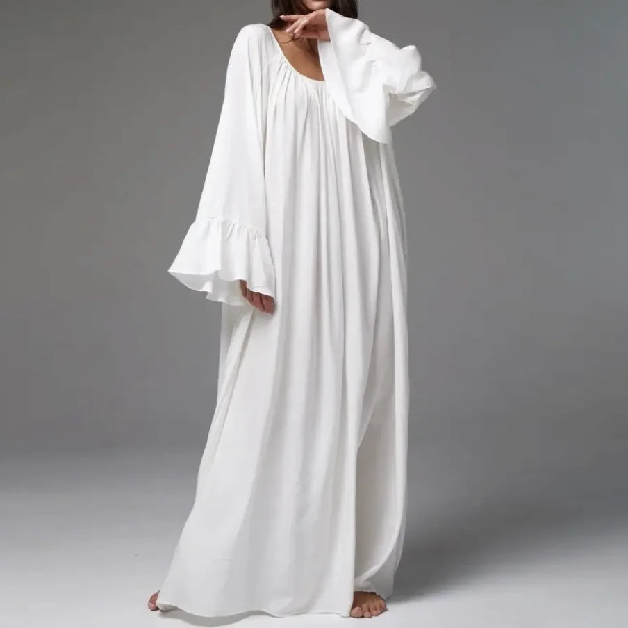 Parc Fee Casual Loose White Women Dress 2025 Elegant U-Neck Long Sleeve Floor-Length Dresses Simple Oversize Solid Female Dress