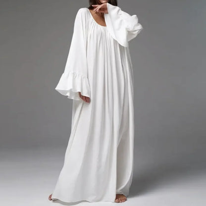 Parc Fee Casual Loose White Women Dress 2025 Elegant U-Neck Long Sleeve Floor-Length Dresses Simple Oversize Solid Female Dress