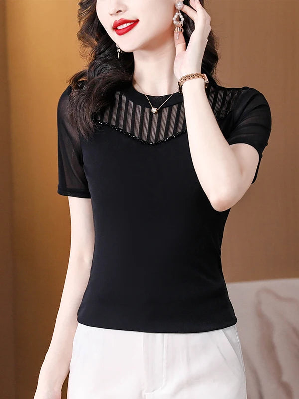 Lace Short Sleeve Slim Fit T-Shirt Women's Summer New Netting Thin Style round Neck Regular Length Pure Color Commute Style