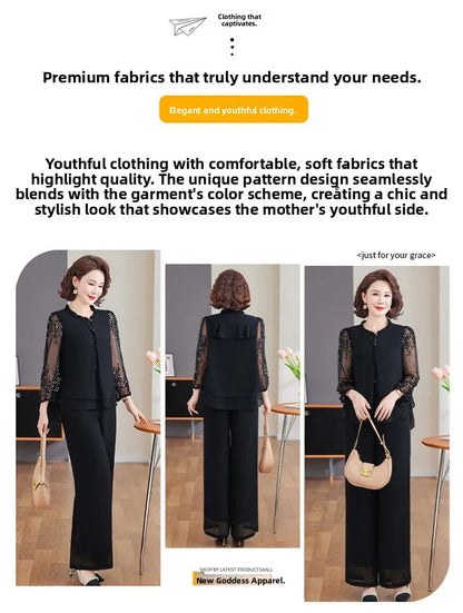 New 2026 Summer Fashionable Thin Two-Piece Set for Older Women Age-Defying Trendy Top And Bottom Ensemble Polyester Fiber