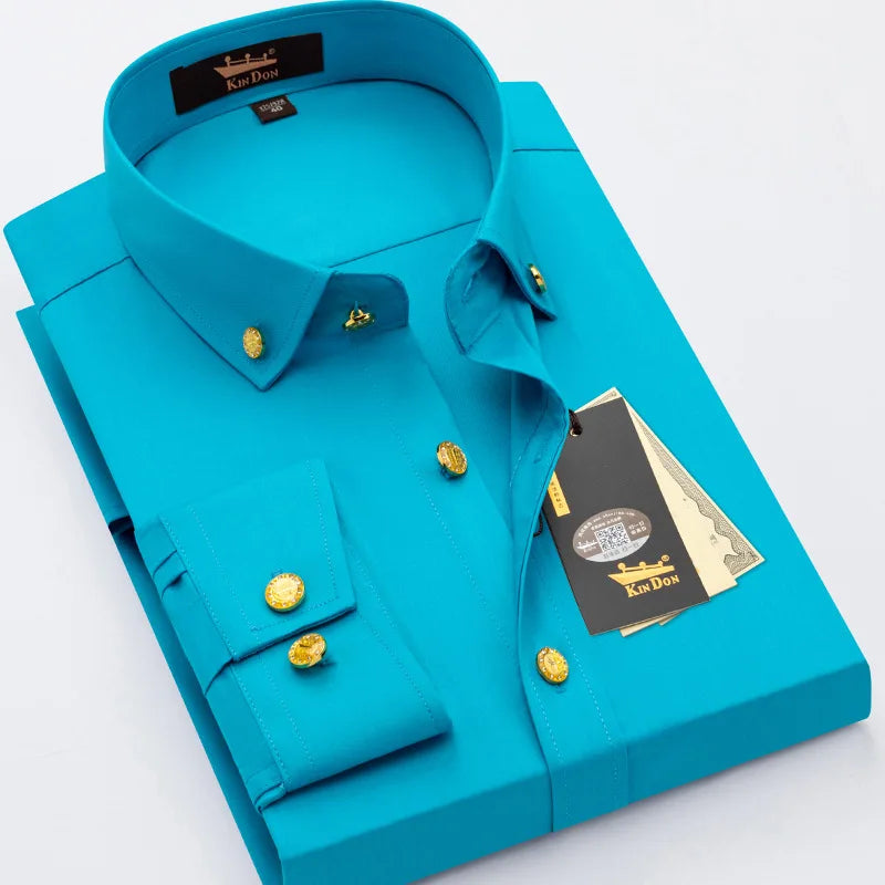2026 Spring/Autumn New Men's Luxury Brass Button Long Sleeve Business Casual Shirt Ironing Resistant Office Work Shirts as Gift