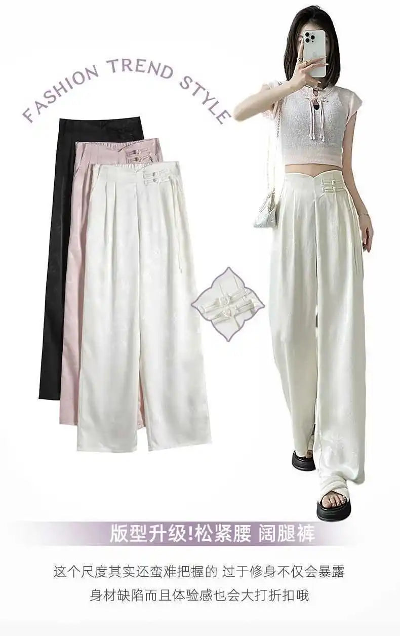 High Waist Loose Straight Pants with Button Knot Pocket New Chinese Style Satin Wide Leg Pants Spring Summer Trousers Pink Black