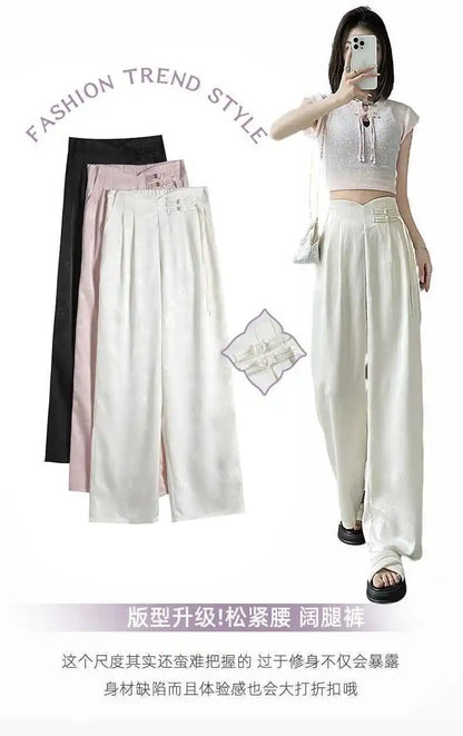 High Waist Loose Straight Pants with Button Knot Pocket New Chinese Style Satin Wide Leg Pants Spring Summer Trousers Pink Black