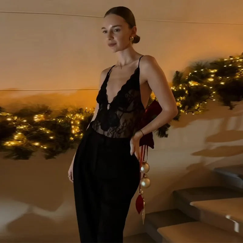 Sexy Women's Bodysuit Halter Lace Deep V-neck Sleeveless   Slim Female Bodysuits 2026 Summer New Fashion Party Chic Lady Top