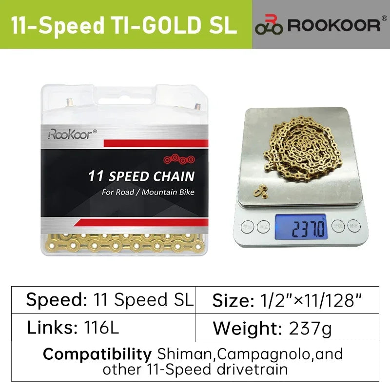 Rookoor Bicycle Chain 6 7 8 9 10 11 Speed Velocidade Titanium Plated TI Gold Silver Mountain Road Bike MTB Chains Part 116 Links