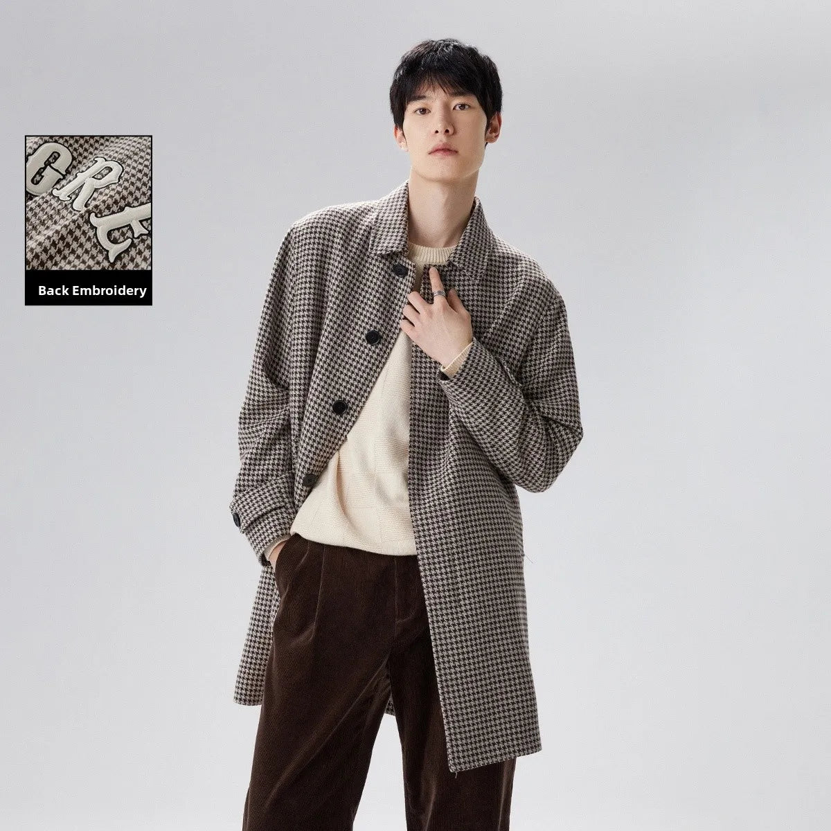 Retro Bird Pattern Woolen Coat Men's Mid-Length Turn-down Collar Classic Style Outerwear Fashionable Urban Youth Winter Jacket