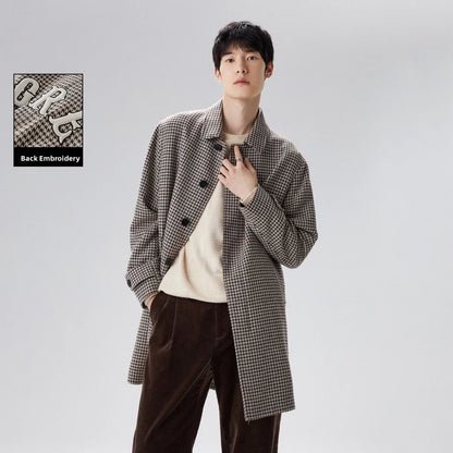 Retro Bird Pattern Woolen Coat Men's Mid-Length Turn-down Collar Classic Style Outerwear Fashionable Urban Youth Winter Jacket