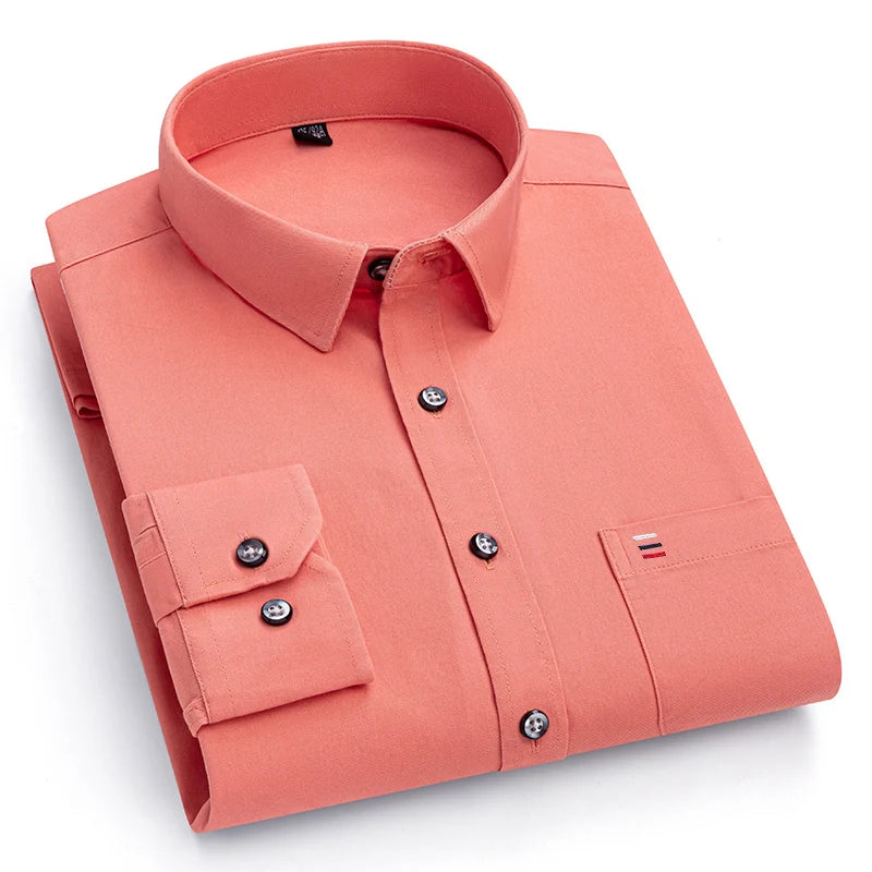 New 100%Pure Cotton Men's Shirts Long Sleeves Solid Color Soft Regular Fit Casual Shirt Pocket Social Blouse Male Clothes S-7XL