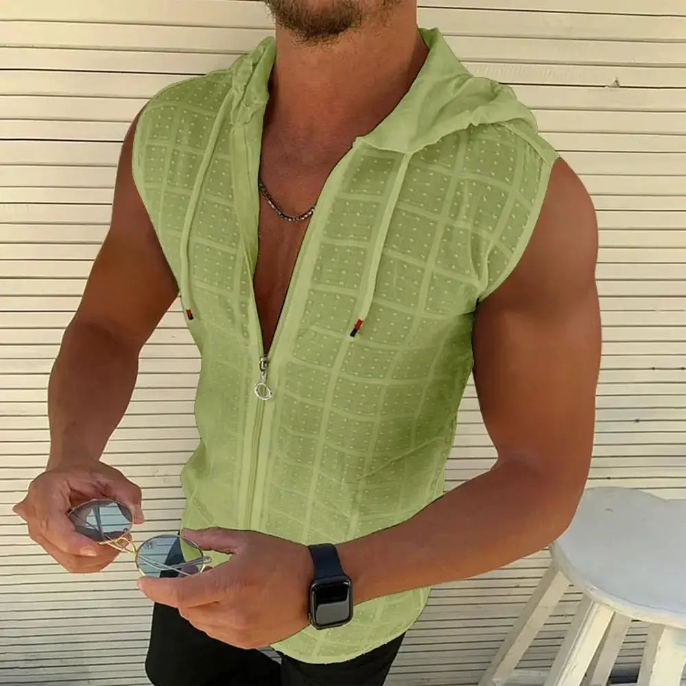 Summer Fashion Sleeveless/Long/Short Sleeved Hoodie Zipper T Shirt Casual Plaid Print Open Stitch Beach Sun Protection Clothing