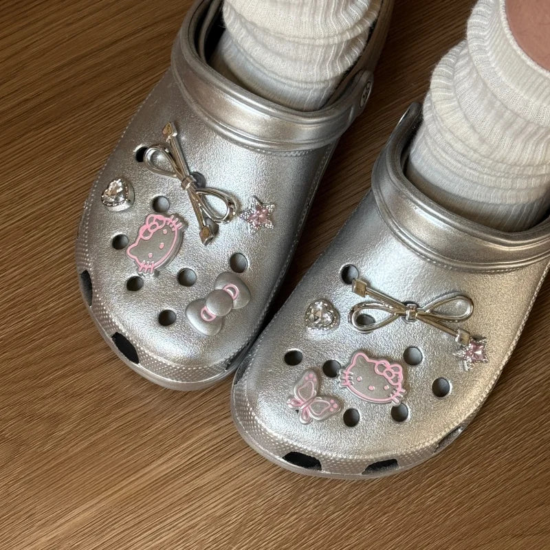 Hello Kitty Silvery Series Shoe Charms Set Girls Women Shoe Charms DIY Hole Shoes Detachable  Hole Shoes Slippers & Clogs