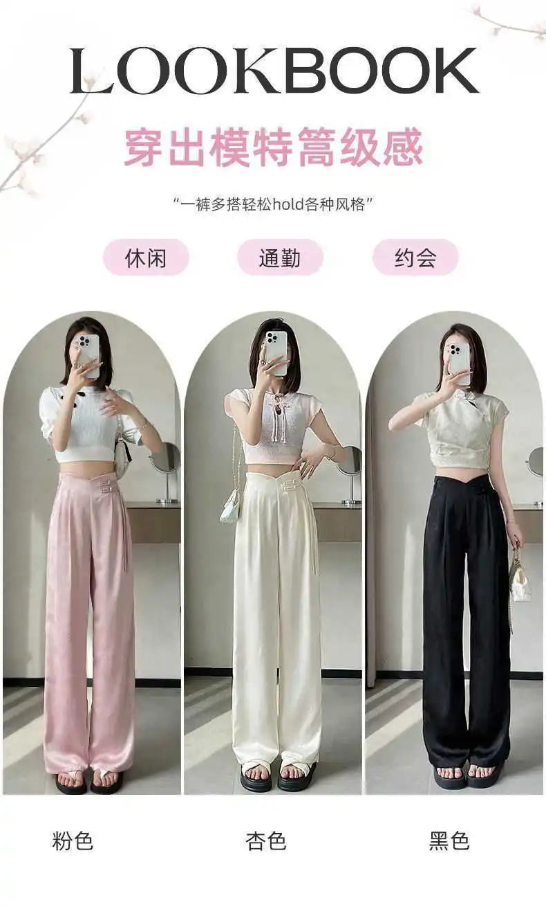 High Waist Loose Straight Pants with Button Knot Pocket New Chinese Style Satin Wide Leg Pants Spring Summer Trousers Pink Black