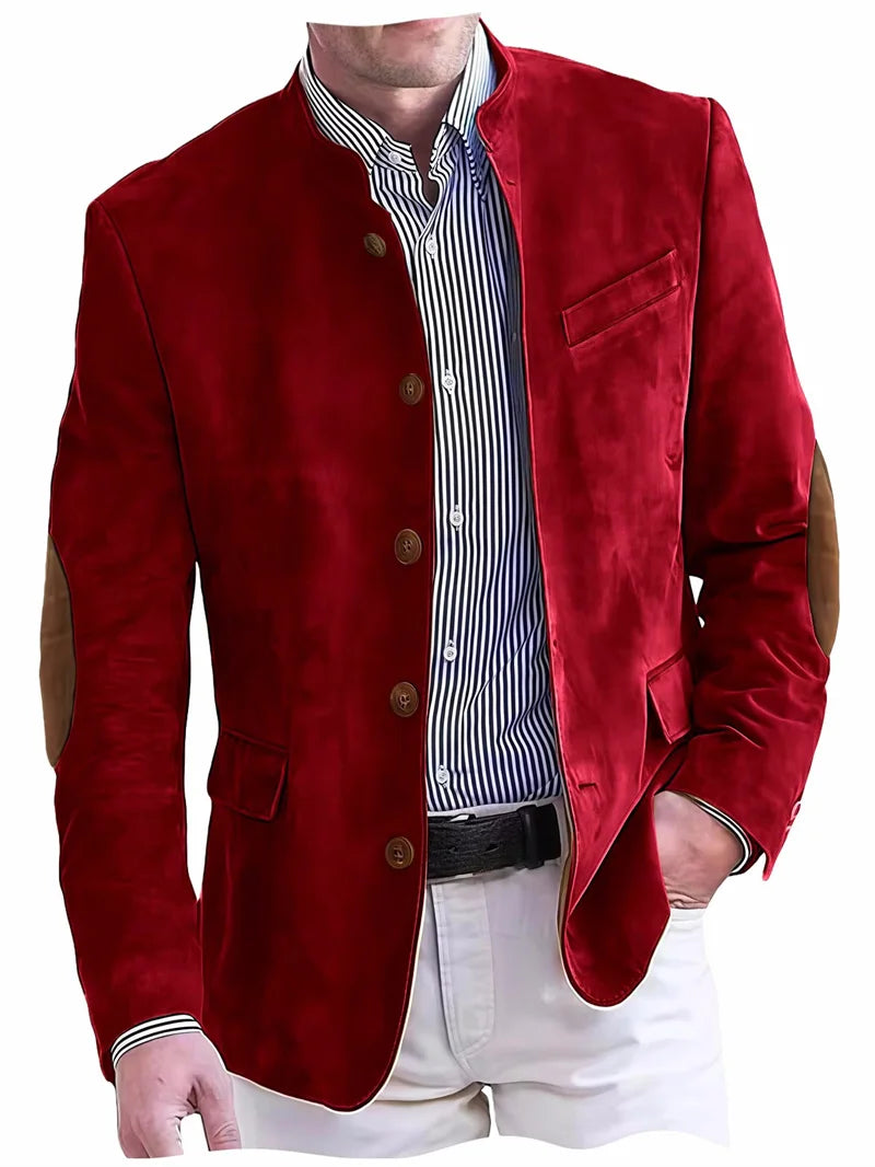 Men's Casual Blazer Flannel Suit Jacket With Elbow Patches Band Collar Brown Button Daily  Casual Slim Fit Customized Business
