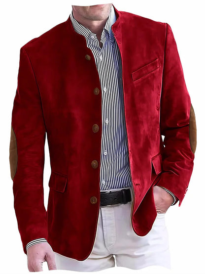 Men's Casual Blazer Flannel Suit Jacket With Elbow Patches Band Collar Brown Button Daily  Casual Slim Fit Customized Business