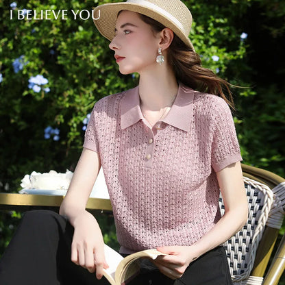 I BELIEVE YOU Short-Sleeved  Polo Collar Knit T-shirt 2026 Spring New Plaid Hollow-out Loose Gentle Tops for Women 2261146256