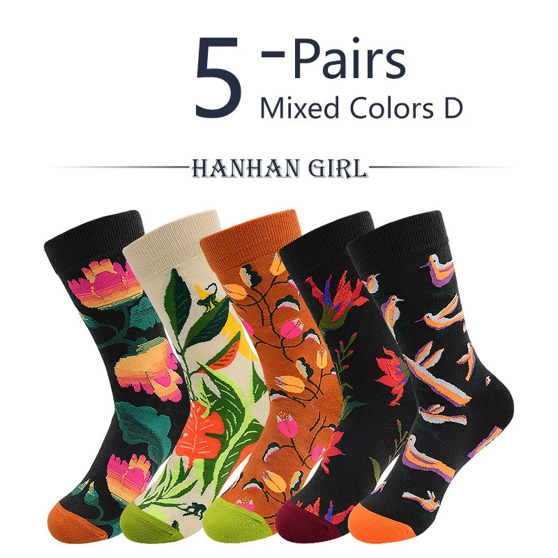 5 Pairs New Arrivals Combed Cotton Women Socks Unisex Cute Floral Styles 8 Color Happy Funny Casual Female Breathable Crew Socks