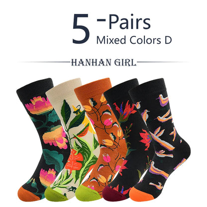 5 Pairs New Arrivals Combed Cotton Women Socks Unisex Cute Floral Styles 8 Color Happy Funny Casual Female Breathable Crew Socks