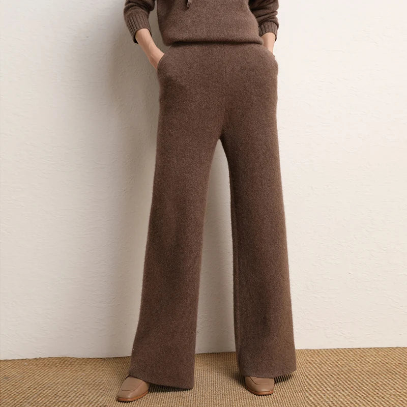 Women's 100% Cashmere Wide Leg Pants Knitted Thick Autumn/Winter Casual Solid Color Elastic Waistband Pockets