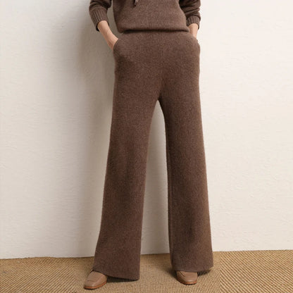 Women's 100% Cashmere Wide Leg Pants Knitted Thick Autumn/Winter Casual Solid Color Elastic Waistband Pockets