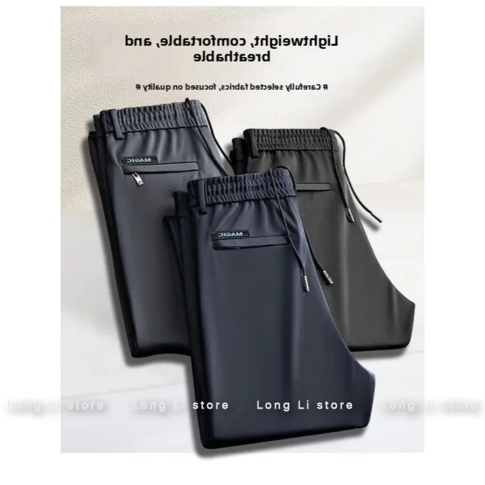 Men's Summer Thin Ice Silk Loose Straight Leg Casual Pants Breathable Anti-Wrinkle Wear-Resistant Comfortable Sporty Trousers