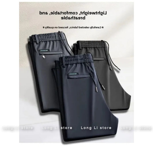Men's Summer Thin Ice Silk Loose Straight Leg Casual Pants Breathable Anti-Wrinkle Wear-Resistant Comfortable Sporty Trousers