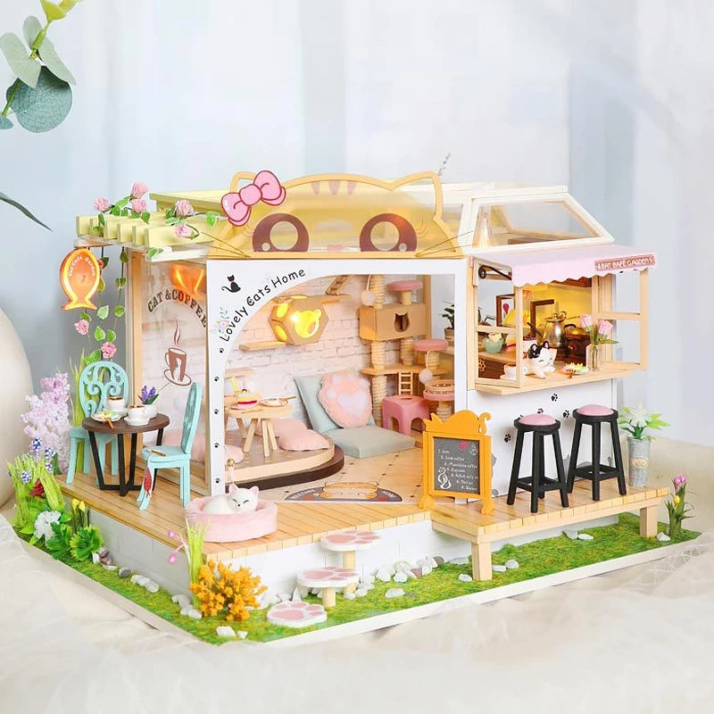 Mini DIY Wooden Doll House Cat Cafe House Making Room Toys Home Bedroom Decoration With Furniture Toy For Xmas Gifts Dollhouses