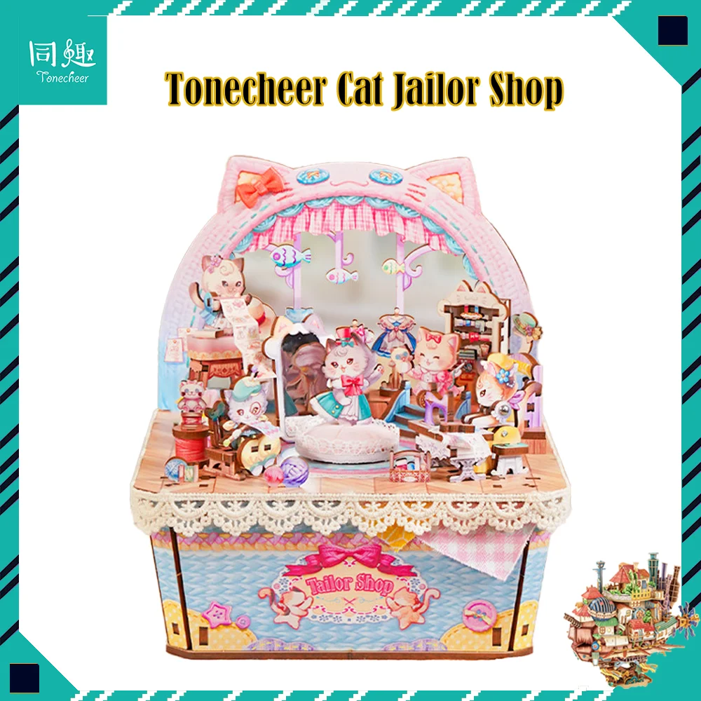 Tonecheer Cat jailor Shop Music Box Wooden Puzzle Building Blocks Diorama Model Kit 3D Wooden Gift Toy Dollhouse Decoration