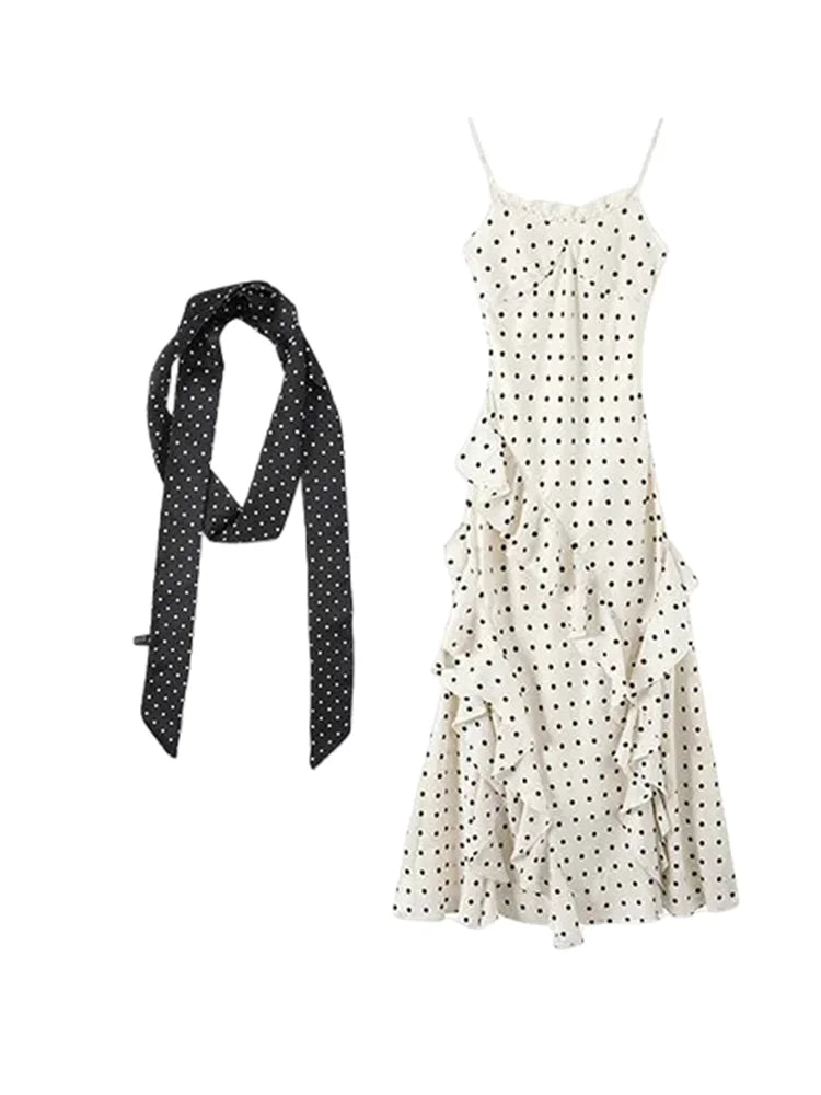 Black Suit And Polka Dot Dress Two-Piece Set for Women Early Spring Fashion Slimming Effect Ribbon Detail Long Sleeve Button-Up