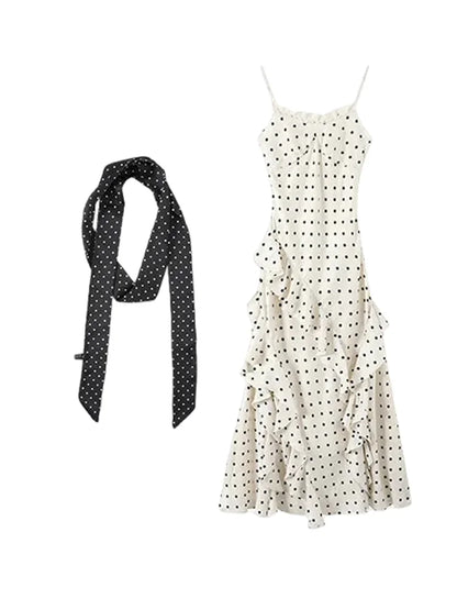 Black Suit And Polka Dot Dress Two-Piece Set for Women Early Spring Fashion Slimming Effect Ribbon Detail Long Sleeve Button-Up