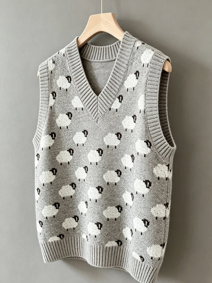 Women's plus size sheep pattern knitted vest, casual and elegant spring/summer style