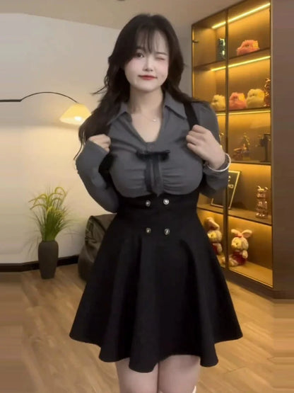 plus Size British College Style Set Women Spring Autumn Slimming JK Uniform Halter Half Skirt Shirt Two Piece Set Fashionable...