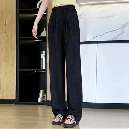 Ice Silk Slim Wide Leg Pants Women's Summer Drapey High Waist Straight Casual Lazy Floor Length Pants Cool Pants