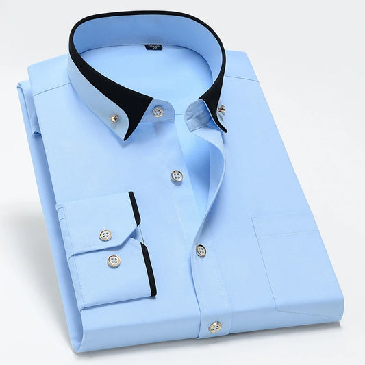Hot Sale Men's Business Dress Shirts long Sleeve Contrast Collar Social Camisa With Diamond Anti-wrinkle Button Down Black Blue